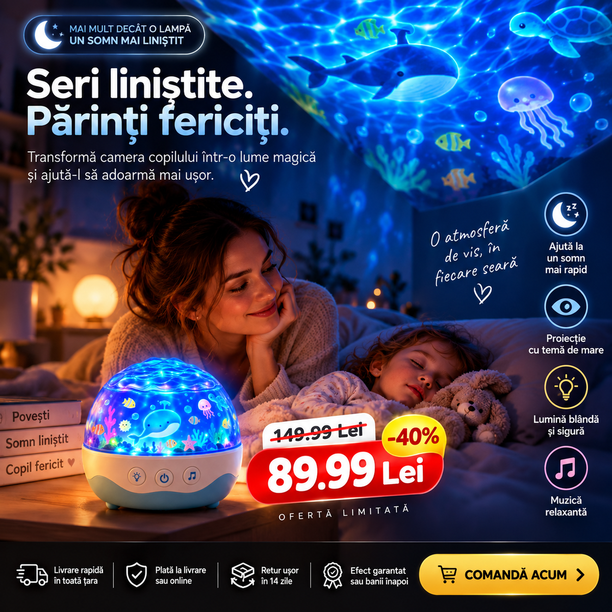 OceanDream – Proiectorul care Face Culcarea Mai Ușoară + Cadou Inclus 🎁